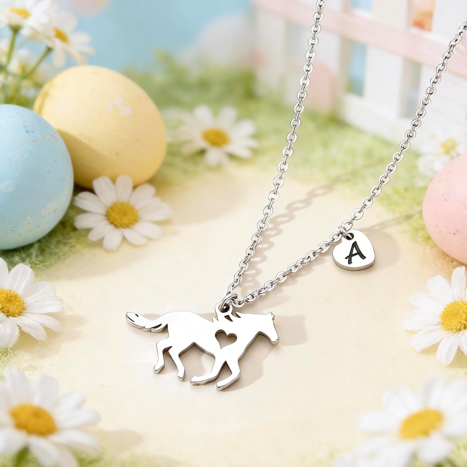 Girls Horse Necklace, Dainty Horse Jewelry for Girls Initial Necklace, Stainless Steel Kids Heart Initial Necklace Horse Girl Horse Pendant Letter Necklace Horse Gifts for Teen Girls Horse Lovers