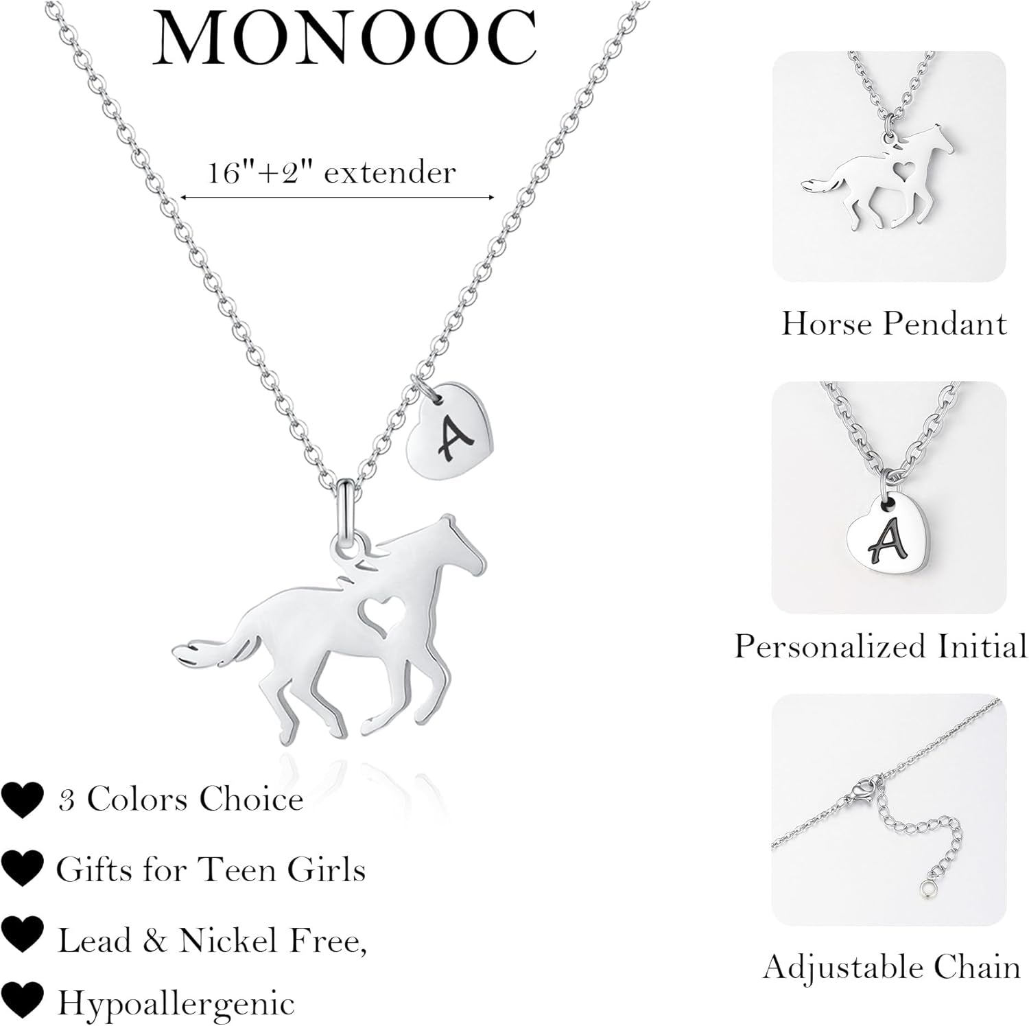 Girls Horse Necklace, Dainty Horse Jewelry for Girls Initial Necklace, Stainless Steel Kids Heart Initial Necklace Horse Girl Horse Pendant Letter Necklace Horse Gifts for Teen Girls Horse Lovers